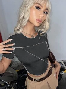 SHEIN ICON Top-stitching Curved Hem Crop Tee - Dark Grey - View 3