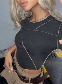 SHEIN ICON Top-stitching Curved Hem Crop Tee - Dark Grey - View 4