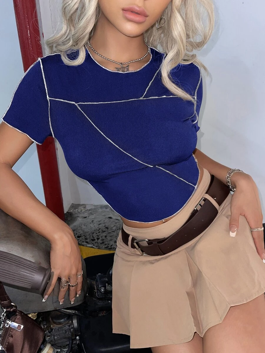 SHEIN ICON Top-stitching Curved Hem Crop Tee - Royal Blue - View 1