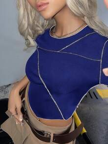 SHEIN ICON Top-stitching Curved Hem Crop Tee - Royal Blue - View 4