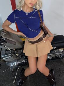 SHEIN ICON Top-stitching Curved Hem Crop Tee - Royal Blue - View 5