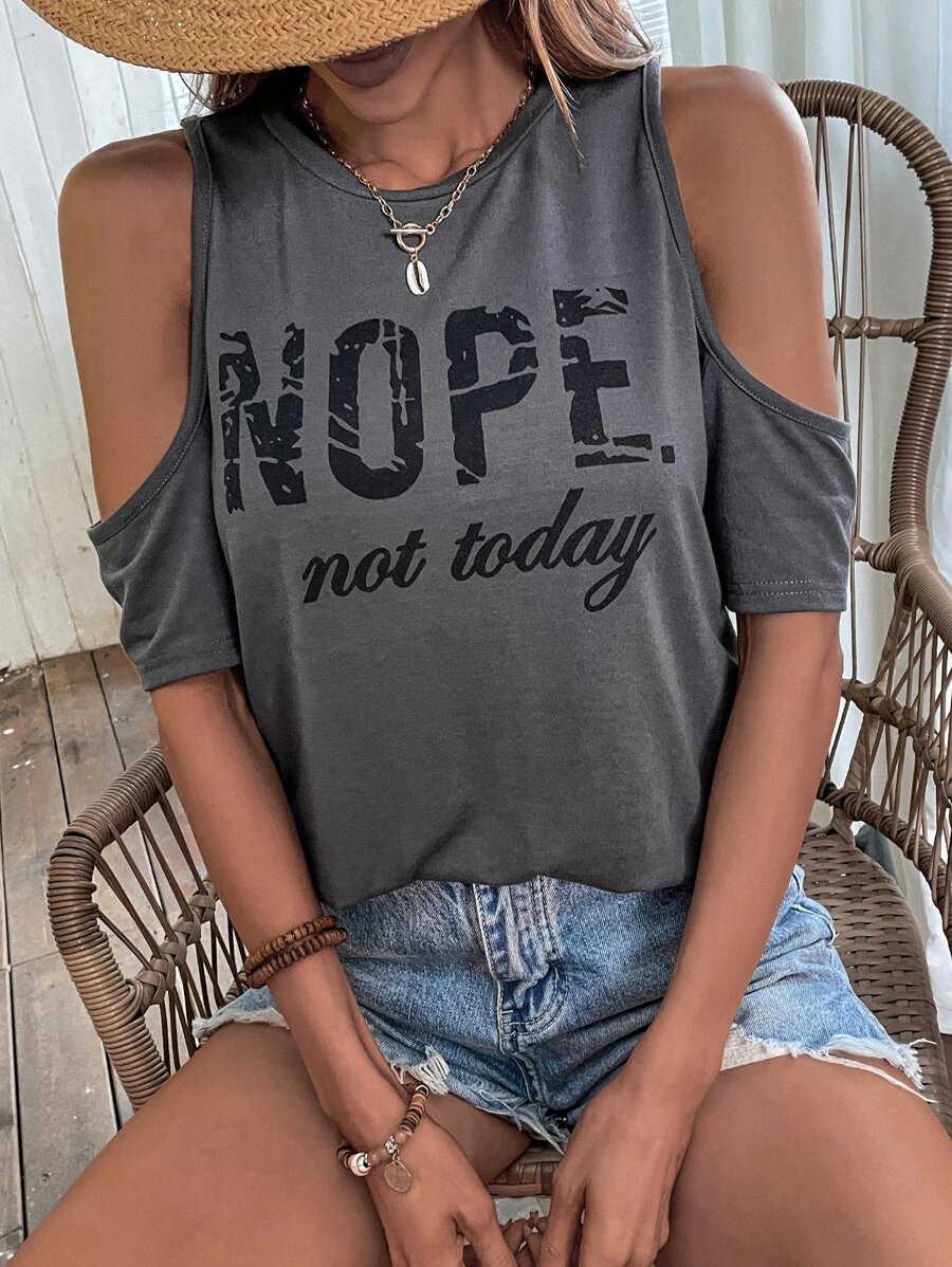SHEIN LUNE Slogan Graphic Cold Shoulder Tee NOPE Not Today - Dark Grey - View 1