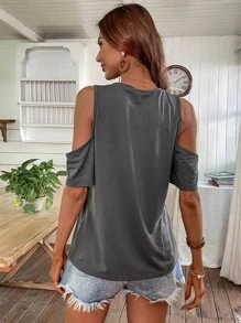 SHEIN LUNE Slogan Graphic Cold Shoulder Tee NOPE Not Today - Dark Grey - View 2