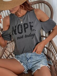 SHEIN LUNE Slogan Graphic Cold Shoulder Tee NOPE Not Today - Dark Grey - View 3