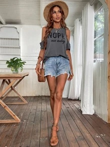 SHEIN LUNE Slogan Graphic Cold Shoulder Tee NOPE Not Today - Dark Grey - View 5