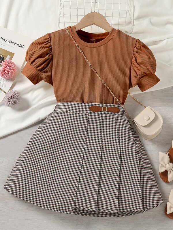 SHEIN Tween Girl Rib-Knit Puff Sleeve Tee & Plaid Pleated Skirt Without Bag