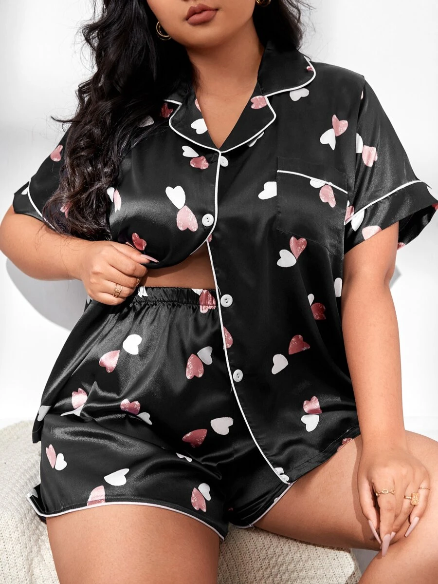 Plus Heart Print Patched Pocket Piping Trim Satin PJ Set - Black - View 1