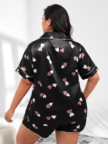 Plus Heart Print Patched Pocket Piping Trim Satin PJ Set - Black - View 2