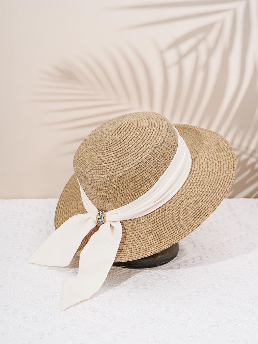 1pc Y2k Style Women's Beach Vacation Straw Hat With Shiny Buckle, Wide Brim And Breathable Design Boho - Khaki - View 1