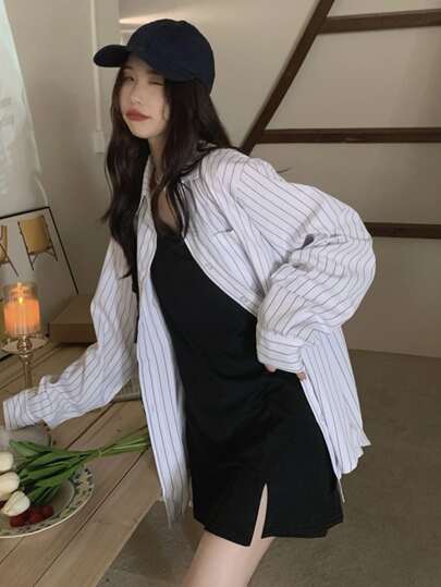 Honeyspot 垂直ストライプ ドロップショルダー オーバーサイズシャツ