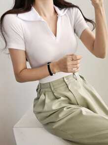 DAZY Áo thun có cổ dệt kim có gân - trắng - Xem 2