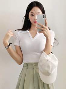 DAZY Áo thun có cổ dệt kim có gân - trắng - Xem 3