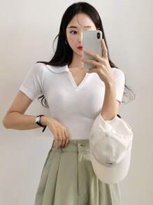 DAZY Áo thun có cổ dệt kim có gân - trắng - Xem 4