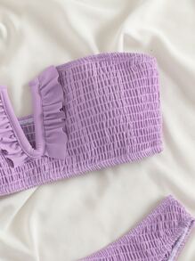 Smocked V Wired Frill Trim Bandeau Bikini Summer - Lilac Purple - View 5