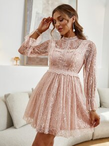 Simplee Mock Neck Flounce Sleeve Lace A-line Dress - Baby Pink - View 1