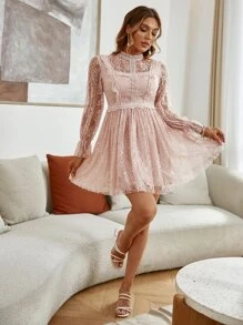 Simplee Mock Neck Flounce Sleeve Lace A-line Dress - Baby Pink - View 4