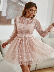 Simplee Mock Neck Flounce Sleeve Lace A-line Dress - Baby Pink - View 5