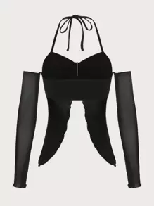 SHEIN ICON Áo nữ Bất đối xứng Lộ Lưng Xù nhỏ Pha lê kim cương Chia Buộc lại màu trơn Gợi cảm - màu đen - Xem 2