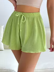 SHEIN EZwear 前打結褶皺闊腿短褲 - 青檸色 - 查看 3