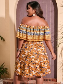 大碼印花一字肩荷葉邊連衣裙