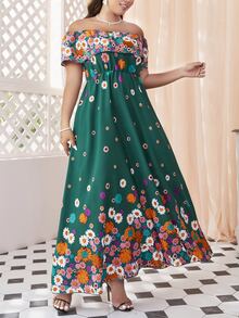 Mulvari Plus Floral Print Off Shoulder Ruffle Trim Dress - Dark Green - View 4