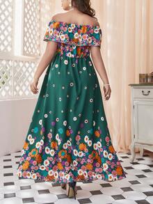 Mulvari Plus Floral Print Off Shoulder Ruffle Trim Dress - Dark Green - View 2