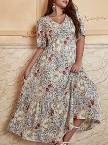 Mulvari Vestido con estampado floral de manga farol bajo con fruncido - Multicolor - Ver 1