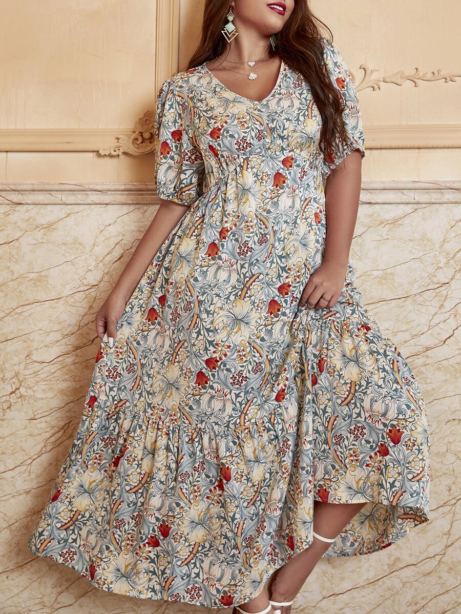 Mulvari Vestido con estampado floral de manga farol bajo con fruncido - Multicolor - Ver 1