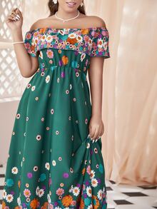 Mulvari Plus Floral Print Off Shoulder Ruffle Trim Dress - Dark Green - View 3