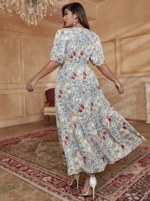 Mulvari Vestido con estampado floral de manga farol bajo con fruncido - Multicolor - Ver 2