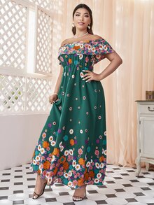 Mulvari Plus Floral Print Off Shoulder Ruffle Trim Dress - Dark Green - View 5