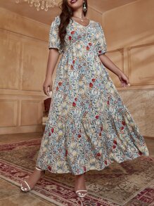 Mulvari Vestido con estampado floral de manga farol bajo con fruncido - Multicolor - Ver 5