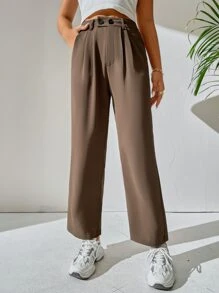 SHEIN PETITE High Waist Plicated Detail Dress Pants - Coffee Brown - View 4