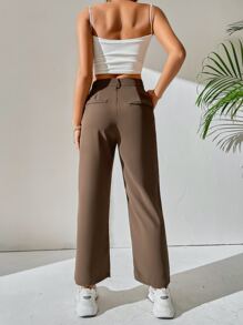 SHEIN PETITE High Waist Plicated Detail Dress Pants - Coffee Brown - View 2