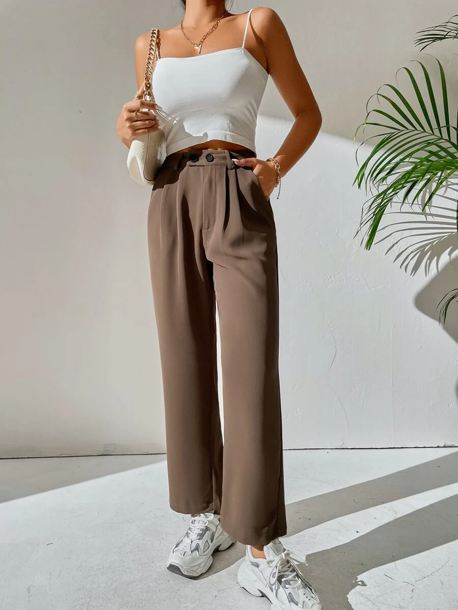SHEIN PETITE High Waist Plicated Detail Dress Pants - Coffee Brown - View 1