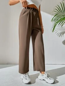 SHEIN PETITE High Waist Plicated Detail Dress Pants - Coffee Brown - View 3
