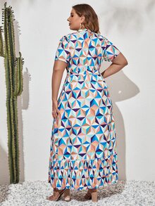 Mulvari Plus Allover Geo Print Puff Sleeve Ruffle Hem Belted Dress - Multicolor - View 2