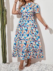 Mulvari Plus Allover Geo Print Puff Sleeve Ruffle Hem Belted Dress - Multicolor - View 1