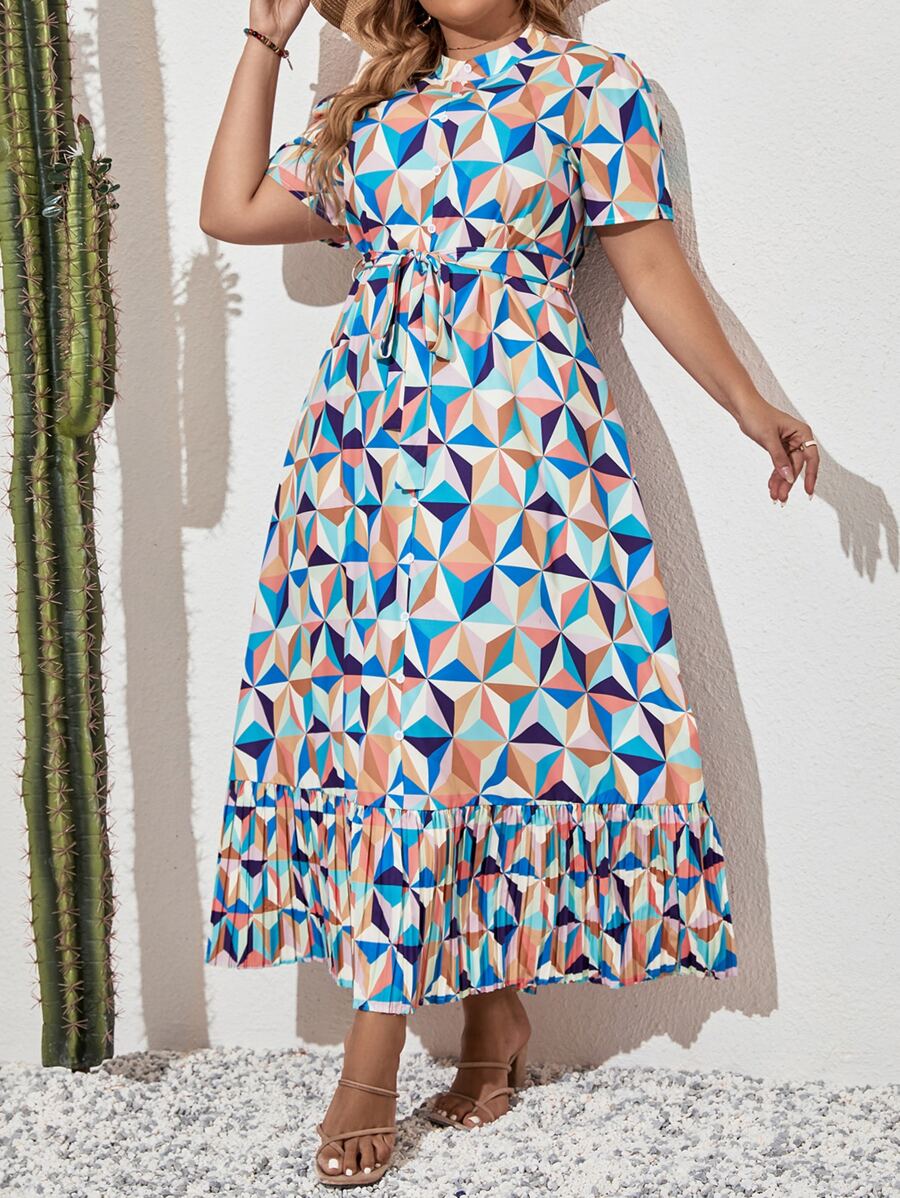 Mulvari Plus Allover Geo Print Puff Sleeve Ruffle Hem Belted Dress - Multicolor - View 1