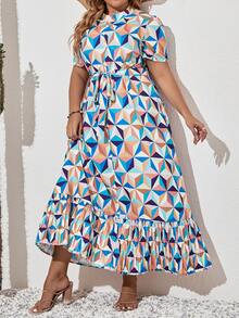 Mulvari Plus Allover Geo Print Puff Sleeve Ruffle Hem Belted Dress - Multicolor - View 4