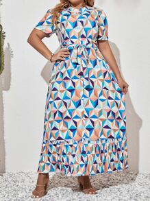 Mulvari Plus Allover Geo Print Puff Sleeve Ruffle Hem Belted Dress - Multicolor - View 6