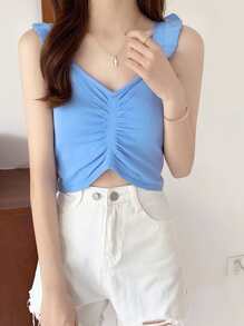 Solid Ruched Ruffle Trim Crop Knit Top - Blue - View 1