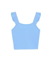 Solid Ruched Ruffle Trim Crop Knit Top - Blue - View 2