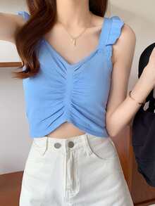 Solid Ruched Ruffle Trim Crop Knit Top - Blue - View 3
