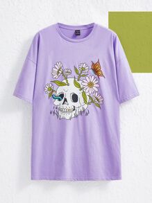 The Creative Witch Floral & Skull Print Drop Shoulder Tee - Lilac Purple - View 1