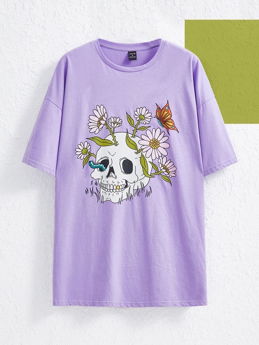 The Creative Witch Floral & Skull Print Drop Shoulder Tee - Lilac Purple - View 1