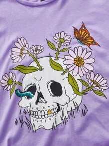 The Creative Witch Floral & Skull Print Drop Shoulder Tee - Lilac Purple - View 4
