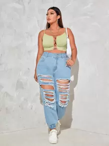 Jeans joggers de talle alto con abertura desgarro - Lavado ligero - Ver 1