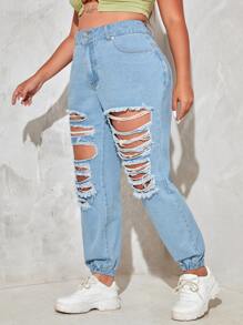 Jeans joggers de talle alto con abertura desgarro - Lavado ligero - Ver 3