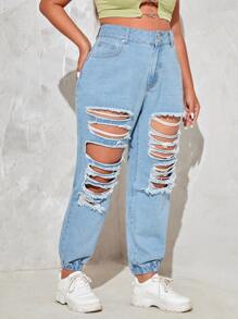 Jeans joggers de talle alto con abertura desgarro - Lavado ligero - Ver 5